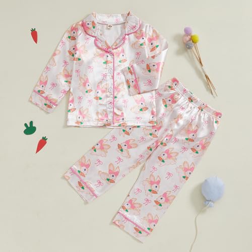 Toddler Baby Girl Boy Easter Satin Pajamas Set Cute Bunny Long Sleeve Button-up Shirt Top Long Pants Sleepwer2