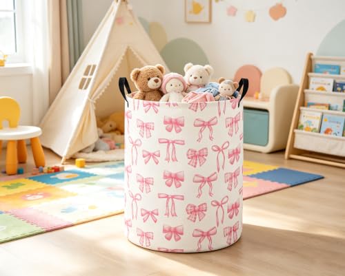 Image of Girls Laundry Hamper Basket, Pink Bowknots