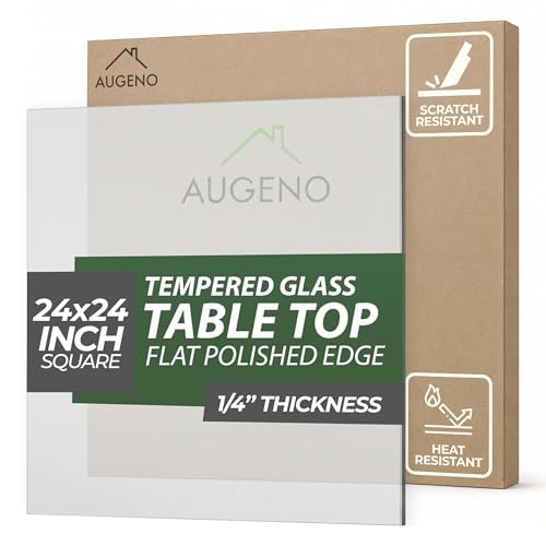 Augeno 24 inch Square 1/4" (6 mm) Thick Flat Polished Edge Glass Table Top with 6 Bumpers - Tempered, Scratch Resistant & Safety Replacement Glass Designed for Dining, Coffee, Patio & End Tables