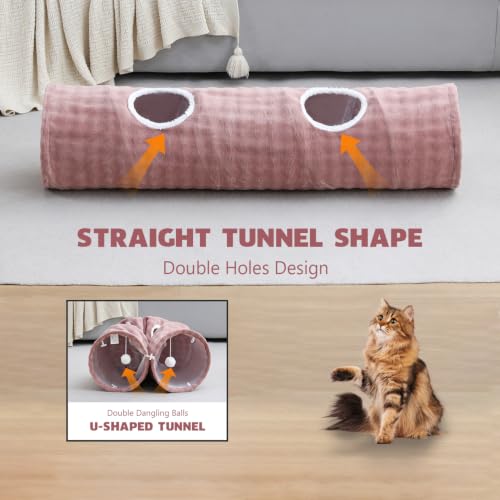 Image of Straight Bubble Cat Tunnel for Indoor Cats 47 inchx12 inch, Dusty Pink | Cute Cat Toys, Collapsible Tunnel Tube with Hanging Balls for Puppy Kitten Rabbit