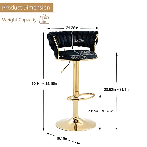 Joreipnm Swivel Bar Stools Set Of 2, Modern Velvet Upholstered Counter Height Barstools With Back & Footrest, Adjustable Gold Bar Chair For Home Bar Dining Room Pub Kitchen Island (Black, Set Of 2) #TOP2