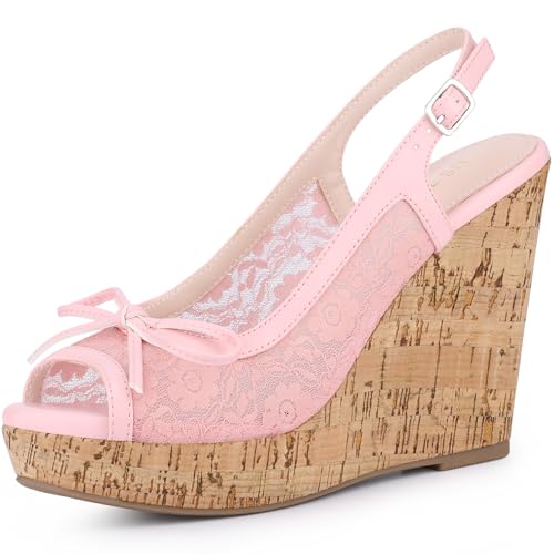 Allegra K Women's Platform Heels Bow Lace Wedge Pink Sandals 8 M US