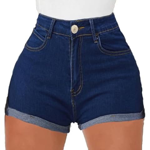 Yyibsones Women's Casual Stretchy Denim Shorts High Waisted Folded Hem Jeans Shorts (X-Large, Dark Blue) Cover