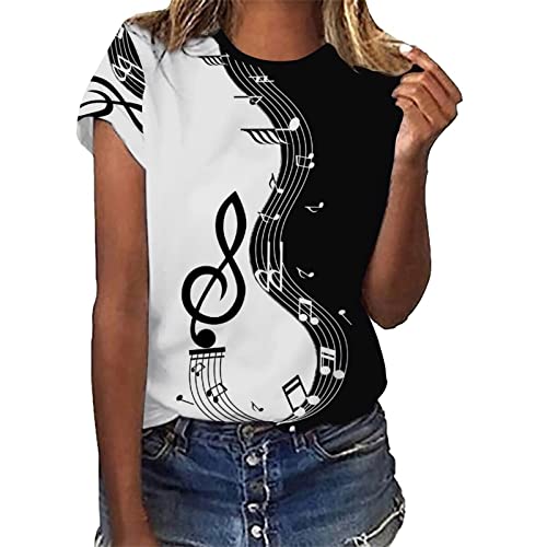 CGGMVCG Womens Summer Tops Shirts for Women Vintage Musical Note Print Tees T Shirt Gift Shirt Top Shirts for Women, Black, XL