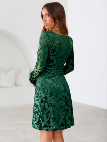 Simplee Women Velvet Burnout Floral Sheath Dress Long Sleeve Cocktail Party Wedding Guest Formal Short Dress Fall Winter 2026(Green XL) — view 4