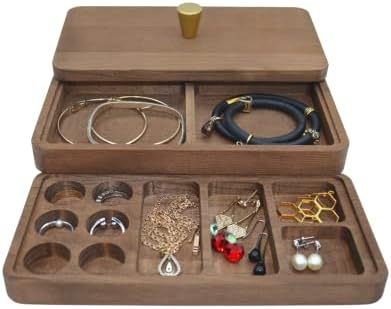 Wooden Jewellery Box, featuring two levels with individual compartments for rings, necklaces, earrings and larger items. Pine wood with brass handle. Size - 20x10x8 cm. UK Brand