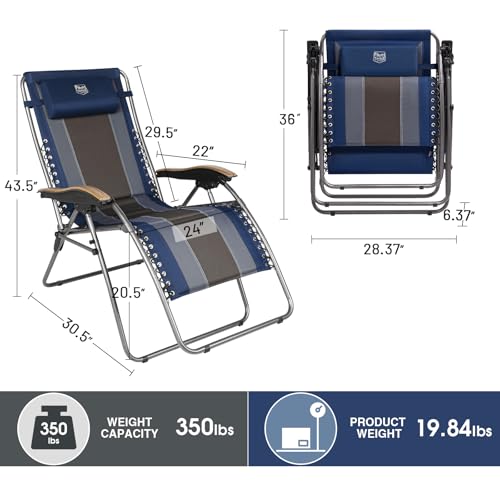 TIMBER RIDGE Outdoor Reclining Patio Padded with Adjustable Headrest and Cup Holder Foldable Zero Gravity Lawn Chair XL for Adults, Support up to 350 LBS, Blue by TIMBER RIDGE - Image 3