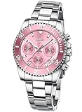 Women Elegant Chronograph Rotatable Bezel Mineral Glass Luminous Watch Stainless Steel Waterproof Date Analog Quartz Watch Fashion Business Dress Wristwatch (Silver Pink)