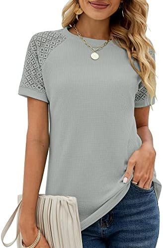 Womens Summer Lace Short Sleeve Tshirts Crew Neck Casual Loose Tops Shirt Blouse Grey