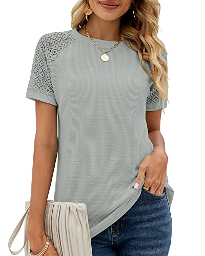 Womens Summer Lace Short Sleeve Tshirts Crew Neck Casual Loose Tops Shirt Blouse Grey #TOP16