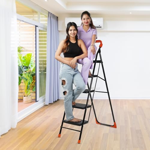 Image of CIPLA PLAST Heavy Duty Folding Ladder with Wide Steps | Lifestyle 5 Steps Foldable Ladder | Slip-Resistant | High Strength Long Durable for Home, Kitchen | (Black & Orange)