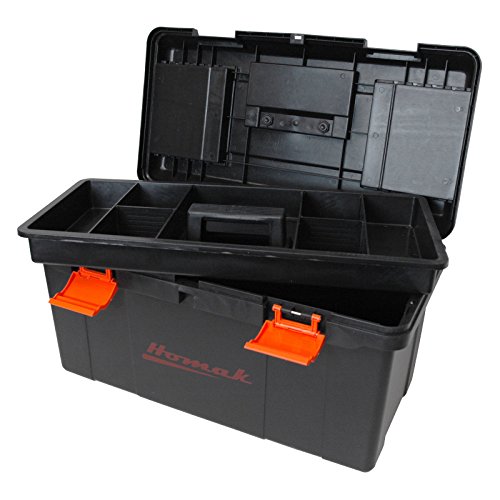 Homak 19-1/4-Inch Plastic Tool Box with Tray and Dividers, Black, BK00119005