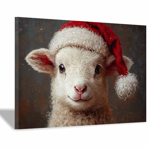 Poster agneau avec bonnet de Noël rouge encadré 40x60cm TERUEA
