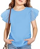Haloumoning Camisas de malla con volantes para niñas, lindas camisetas de cuello redondo para niñas, blusa casual de verano de 5 a 14 años, Azul, 9-10 Years