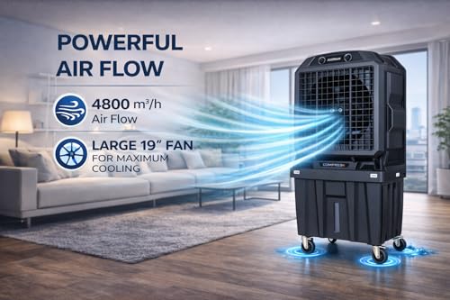 Image of ROCKSUN Hummer Desert Air Cooler | 140L Water Tank | 21+ Inch Fan | 4800 m /h Powerful Air Flow 1100ft | 2 Honeycomb Cooling Pads | Auto Swing | 350W Motor | Heavy Duty Portable Cooler (Black)