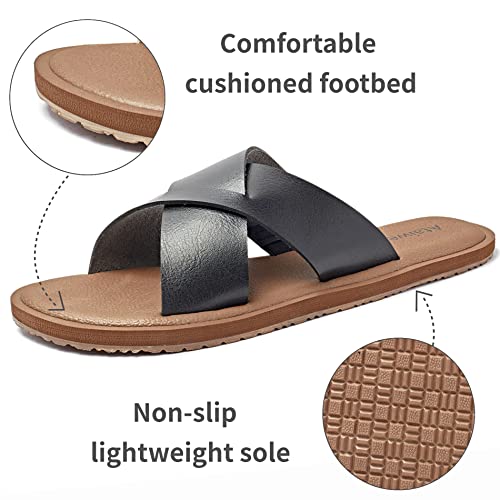 Ataiwee Women's Flat Sandals - Casual Double Bands Cross Front Strappy Slip On Soft Spring Summer Shoes.(2008048-3,Bk/Pu,12) #TOP2