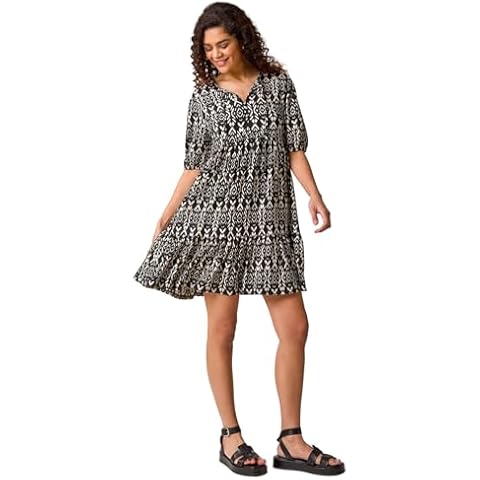 Roman Originals Smock Dress for Women UK Ladies Cotton Summer Embroidered Frilled Tiered Casual Beach Cruise Holiday Cocktail Party 3/4 Sleeve Pull On Gathered Skirt - Aztec Noir Cover