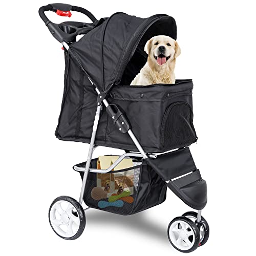 Foldable Pet Stroller for Cats and Dogs 3 Wheels Carrier Strolling Cart with Weather Cover, Storage Basket + Cup Holder - Image 3