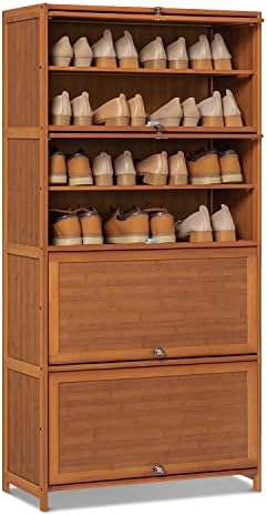 MoNiBloom 8 Tier Shoe Cabinet, Bamboo Free Standing Shoe Shelf Storage Rack with Flip Doors for 27-32 Pairs Home Entryway Hallway Office Bedroom, Brown