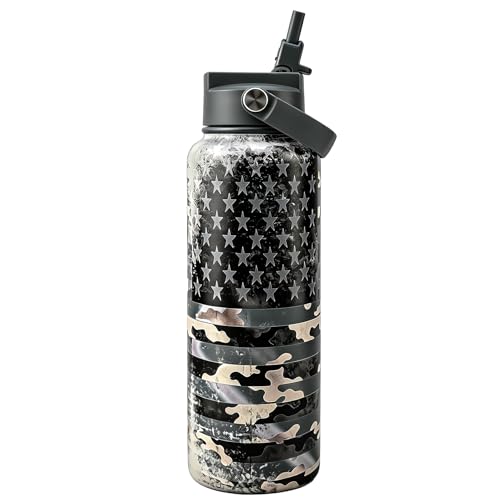 KEWIXY Camouflage Flag Insulated Water Bottle 40 oz, Easy Slide Lid, Leak Proof, Keep Cold 24H, Vacuum Travel Metal Stainless Steel for Men Dads Grandpa, Birthday Christmas Fathers Day July 4th