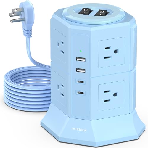 Surge Protector Power Strip Tower with 8 AC Outlets 4 USB Ports(2 Type C), 6.5 FT Ultra Flat Extension Cord with Multiple Outlets, Charging Station with Surge Protection for Family, Office,