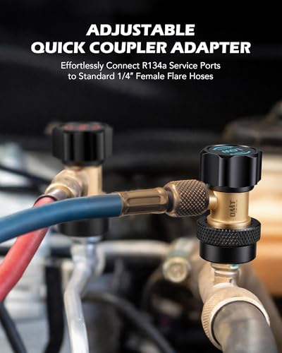 Image of OMT R134a Adjustable Quick Coupler Adapters, High /Low 2pc, 1 /4 inch Male Flare | For AC Evacuation & Recharge on Cars, Trucks, SUVs, Home Units; Leak-Free O-Ring Seal, Aluminum & Brass, 6-Ball Couplers