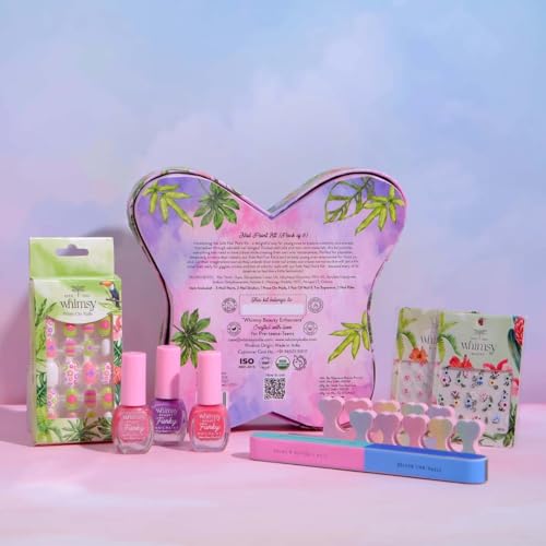 Image of Whimsy Beauty 8 in1 Kids Nail Art Kit | Water Based Peel Off Nail Polish Set with Press On Nails Stickers Nail File and Toe Separators | Safe Fun Nail Care for Girls |Organic, Natural, Chemical Free