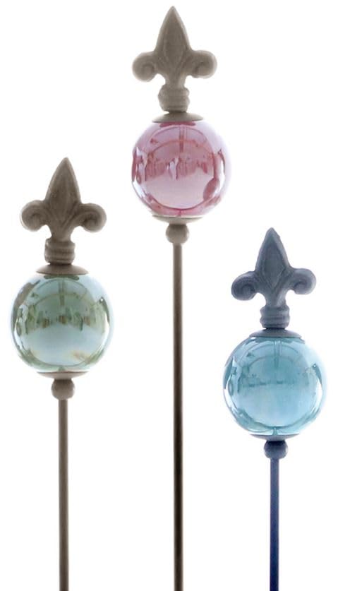 ETC dekorativer ausgefallener Gartenstecker Motiv Lilie Metall mit farbigen Kugeln in weinrot grün Aqua im 3-er Set