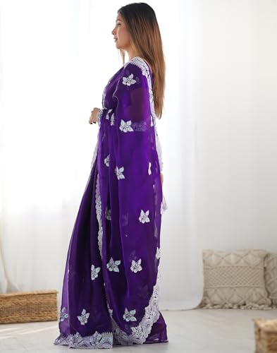 Image of SIRIL Women's Shimmer Chiffon Sequence Embroidery Saree With Unstitched Blouse Piece for Wedding and Parties