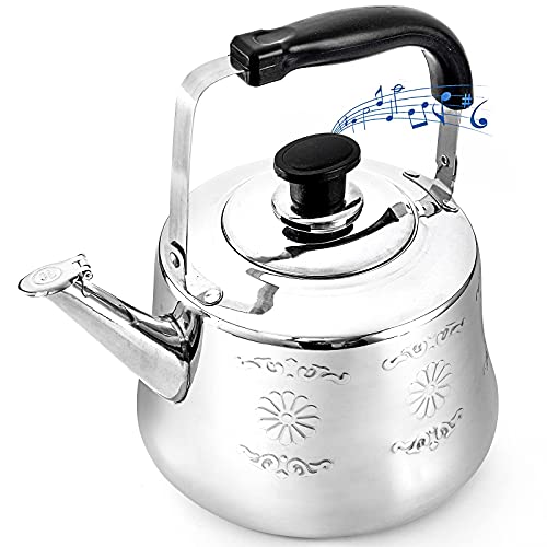Dicunoy Stovetop Tea Kettle, 3.2 Quart Silver Water Kettle, Stainless Steel Vintage Fast Boiling Tea Pot, Mirror Finish, Flower Pattern, Ergonomic Handle #TOP1