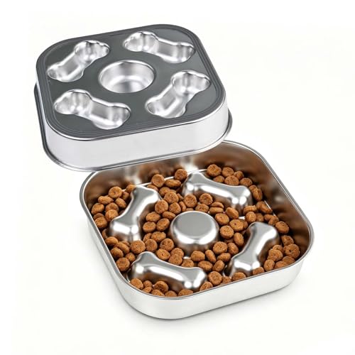 Alyxen Gamelle Anti Glouton Chat ou Chien, Gamelles d'alimentation Lente pour Chiens, Gamelle Chien Anti Glouton Acier Inoxydable pour Petits Animaux de Compagnie, Moyens et Grands, Carré