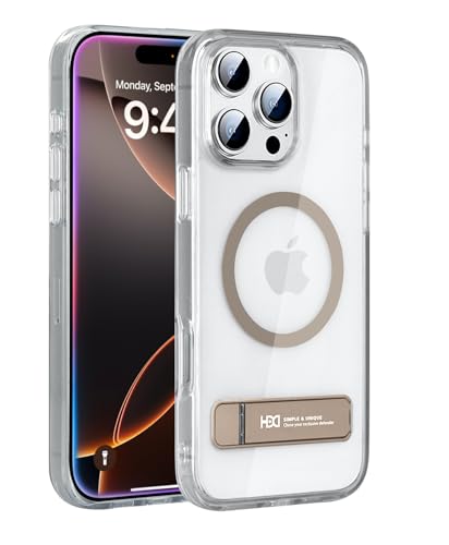 Image of BOUNCEBACK Polycarbonate Shockproof Transparent Hybrid Back Case /Cover with Kick Stand Support Magnetic Charging for iPhone 16 Pro Max - (Clear Gold)