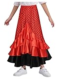 DINORMIN Kids Girls Full Circle Satin Long Skirt Ruffles Layers Belly Dance Dresses Spanish Flamenco Costume Red 6 Years