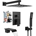 Cinwiny Shower System with Tub Spout Wall Mount Tub Shower Faucet Set Complete with Handheld Spray 3 Function Rough-In Valve Included,10 Inch Rainfall Shower Head,Matte Black
