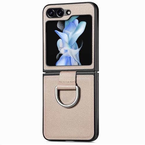 ENTRYX Case for Samsung Galaxy Z Flip 6, Slim Lightweight Leather Cover with Finger Ring Wireless Charging Phone Case Anti-Fall(Beige)