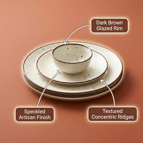 Image of Freakway Dinner Set, Ceramic Dinnerware with Brown Rim, Speckled Beige Design, 18 Pieces