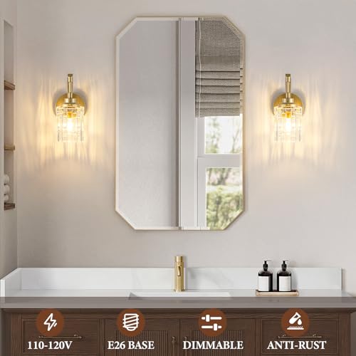 Image of Gold Bathroom Wall Sconce Light,1-Light Vintage Brass Sconces | Clear Glass Shade, Hardwired, E26 Base, Easy to Install, Wall Mount Lighting for Mirror Bedroom Hallway Kitchen