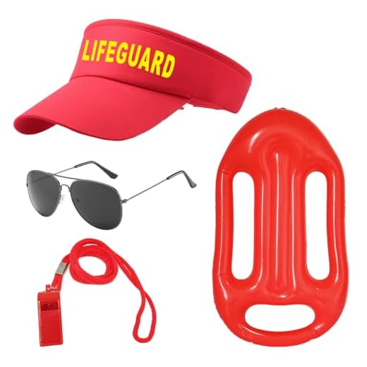 UILYNIU 4 Piezas Disfraz de Salvavidas, Accesorios de Salvavidas Incluye Sombrero Gafas de Sol Silbato Salvavidas Boya, Disfraz de Deportista para Hombre Mujer Carnaval Halloween Disfraz (Rojo)