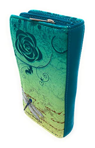 Shag Wear Vintage Dragonfly Large Wallet for Women and Teen Girls Vegan Faux Leather 7" Teal2
