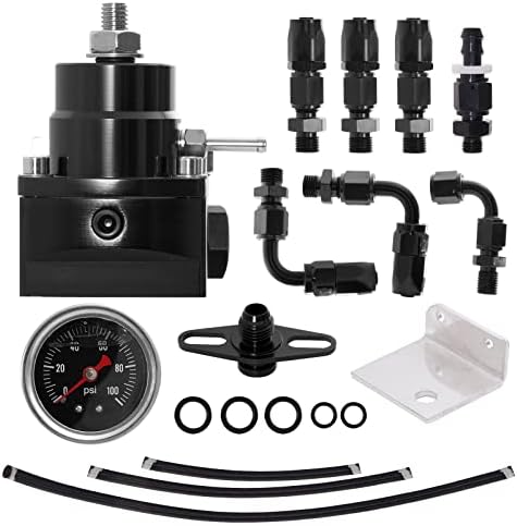 TEMSONE Adjustable Fuel Pressure Regulator Set Universal EFI FPR with 30-70 Psi Gauge 6AN - 6AN Feed & Return Fuel Line Hose Fitting Connectors Kit Black