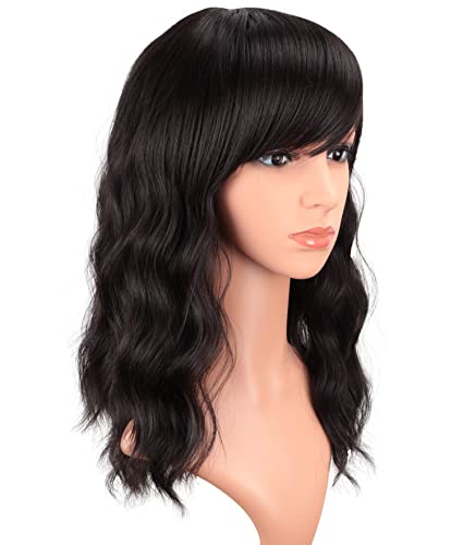 SPEEDM Medium long Dark Brown Wavy Wigs With Bangs For Women Synthetic Heat Resistant Wavy Wigs Daily Use Wig(Dark Brown)