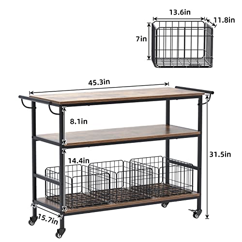 soges 3-Tiers Kitchen Island on Wheels, 45.3 inch Bar Cart with 3 Removable Baskets, Kitchen Serving Cart with Brake Casters, Rolling Utility Cart with Handle, Open Storage Shelves and Towel Rack - Thumbnail 6