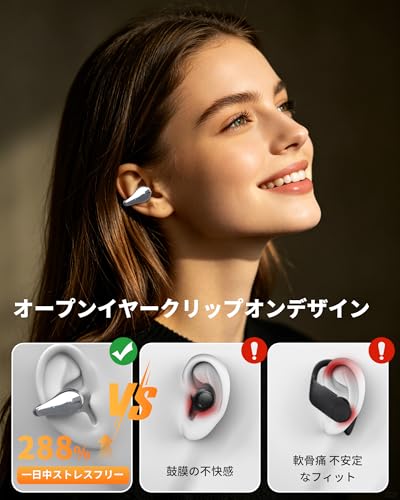 イヤーカフ イヤホン【2026 NEW 50時間連続再生 / AI翻訳機能】骨伝導 ワイヤレスイヤホン Bluetooth 5.4 耳を塞がない オープンイヤー 空間オーディオ 快適な装着感 マイク付き 自動ペアリング 通勤 通学 WEB会議 スポーツ ブラック 商品画像2