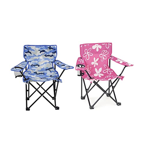 Emily Rose Kids Toddler Sturdy Indoor/Outdoor Beach Quad Camping Tailgate 2 Chair Bundle | Girls Boys Pink And Blue Camo Folding Travel Lawn Chairs With Child Safety Lock, Cup Holder And Carry Case #TOP30