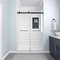 Frameless Double Sliding Shower Door: 44-48 in. W x 74 in. H, 5/16” (8mm) Clear Tempered Glass with Explosion-Proof Film Soft-Close Mechanism for Bathroom Shower, Matte Black