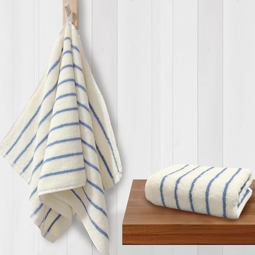 VOOVA & MOVAS Blue Stripe Cotton Hand Towels Set of 2 13x28 Inch Medium Weight 420GSM Ultra Absorbent Daily Use Bathroom & Kitchen Towels Durable Soft Comfortable