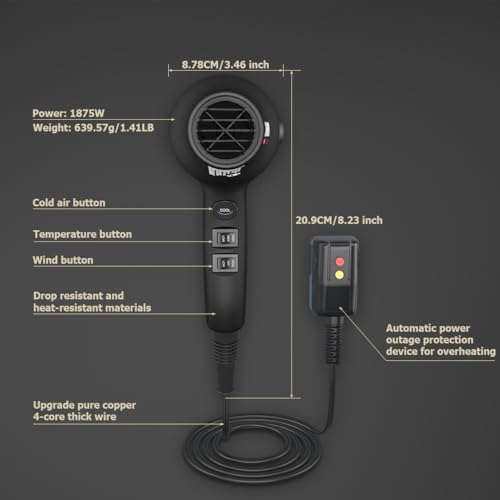 JINRI Hair Dryer, 1875W, 3 Heat & 2 Speed, with Diffuser, with Concentrator, Detachable Air Intake, Ionic Technology & Infrared - Black, Hanging Strap, Non-Foldable JR-108 — view 3