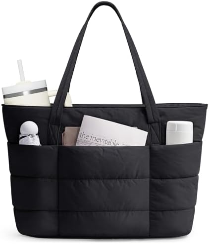 Narwey Tote Bags for Women, Puffer Work Tote Bag Women for Travel, Gym, Beach, School, Shopping, Nurse with Cup Holder & Laptop Compartment Gifts for Women Girls (Black)