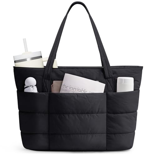Narwey Tote Bags for Women, Ladies Handbags & Shoulder Bags, School Work Laptop Bags with Zip for Women, Puffer Teacher Hand Bag for College Shopping Travel Gym Beach (Black)