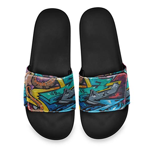 YYJH Men's Athletic Adjustable Slide Sandals with Velcro Lightweight Comfort Slip On Sport Slippers,Art Under Ground Beautiful Street Graffiti Sandals for Men